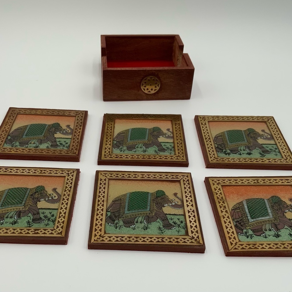 Set Of 6 Indian Sheesham Wood Elephant Square Coasters Never Used - Picture 3 of 5